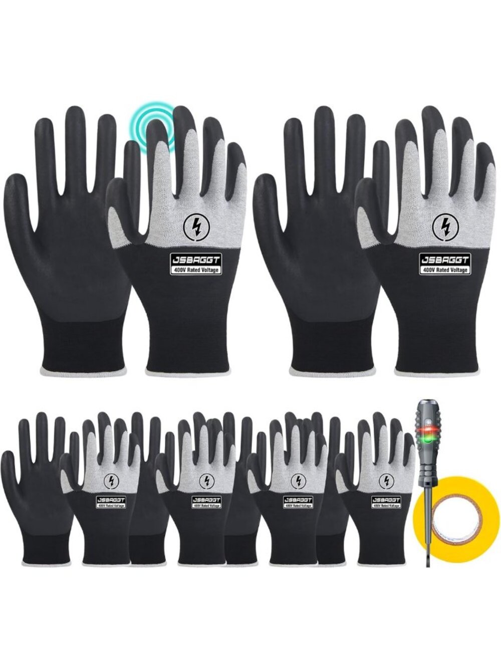 High Voltage Insulated Work Gloves, Flame Retardant, Non-Slip Grip, 400V, 6PC